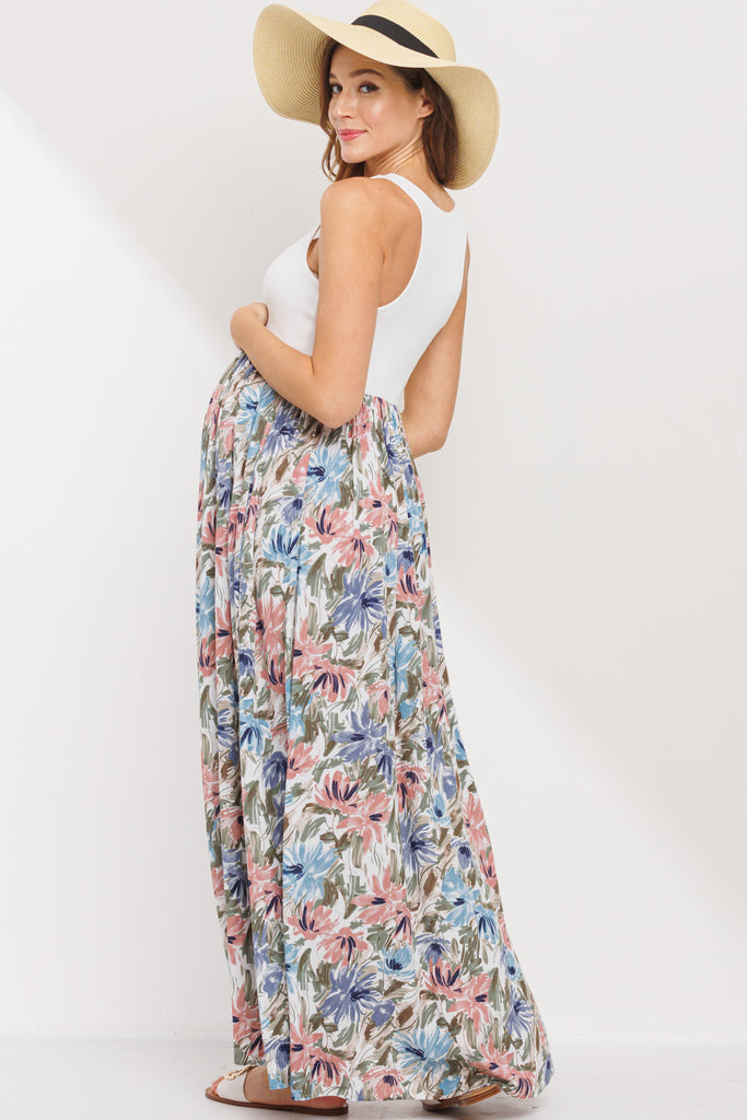 Ivory/Mauve Color Block Floral Print Tank Maternity Maxi Dress