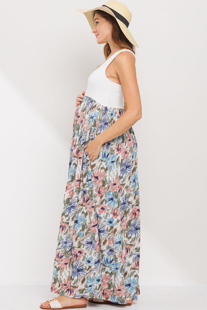 Ivory/Mauve Color Block Floral Print Tank Maternity Maxi Dress