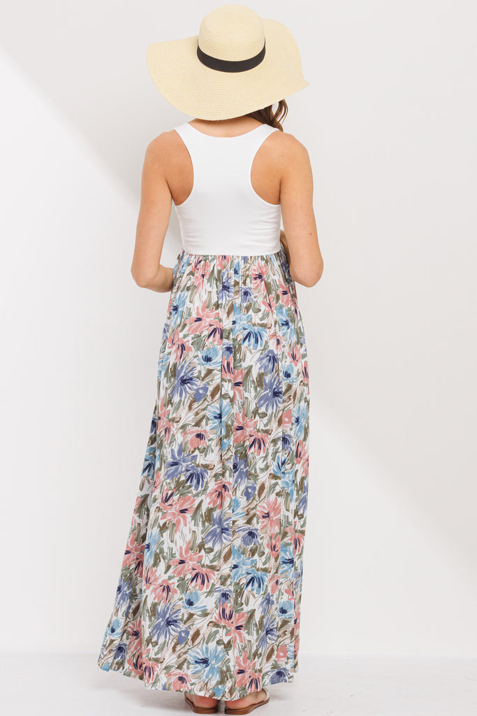 Ivory/Mauve Color Block Floral Print Tank Maternity Maxi Dress