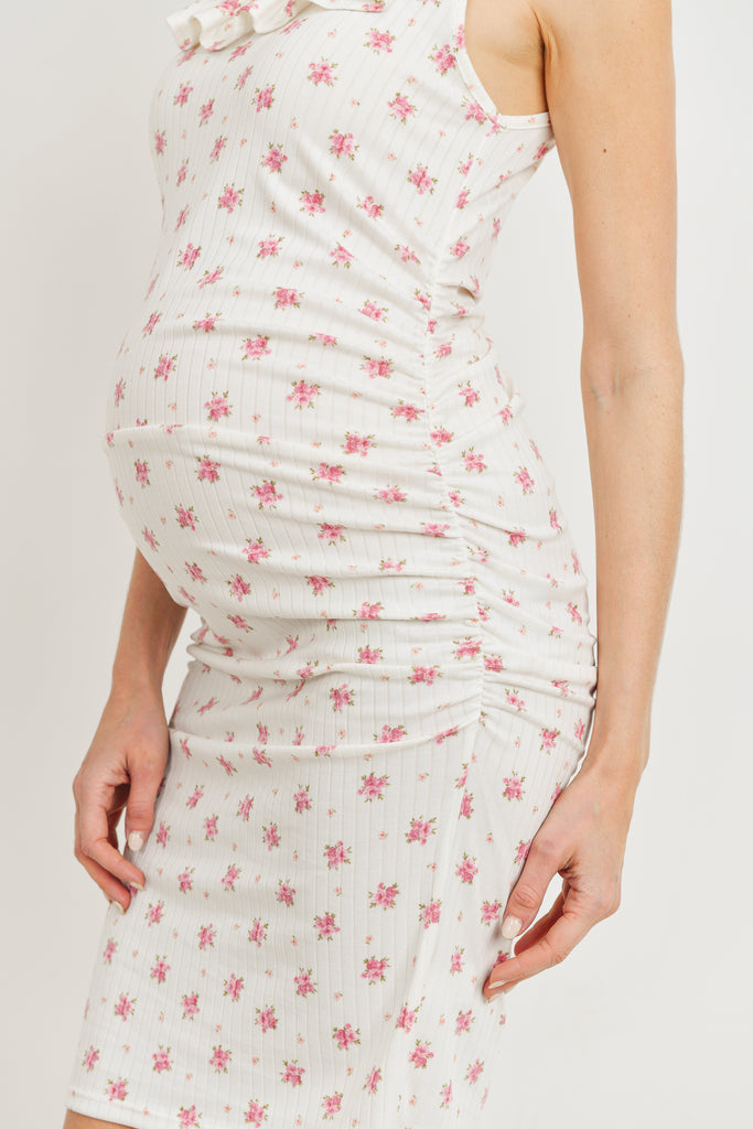Ivory Floral Ruffle Neck Ribbed Maternity Dress