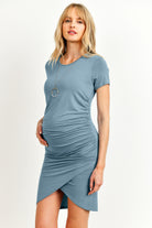 Dusty Blue Rayon Modal Ruch Side Maternity Dress