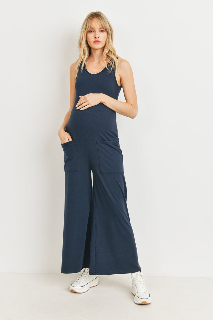 Black Wide Leg Ribbed Maternity Pocket Jumpsuit