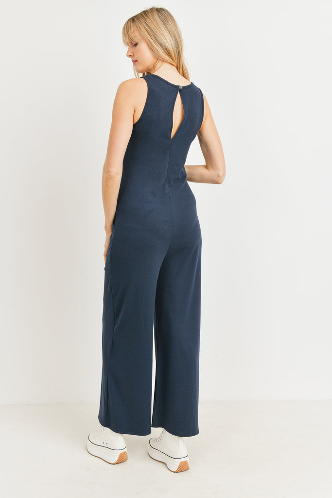 Navy Wide Leg Ribbed Maternity Pocket Jumpsuit