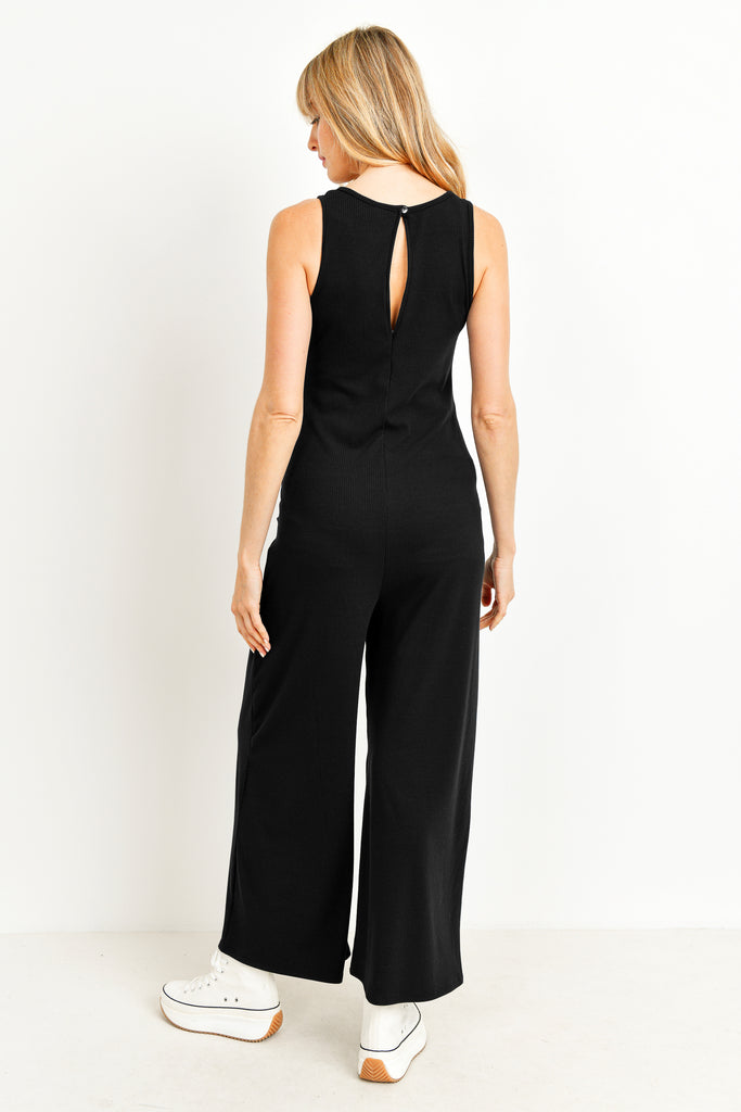 Black Wide Leg Ribbed Maternity Pocket Jumpsuit