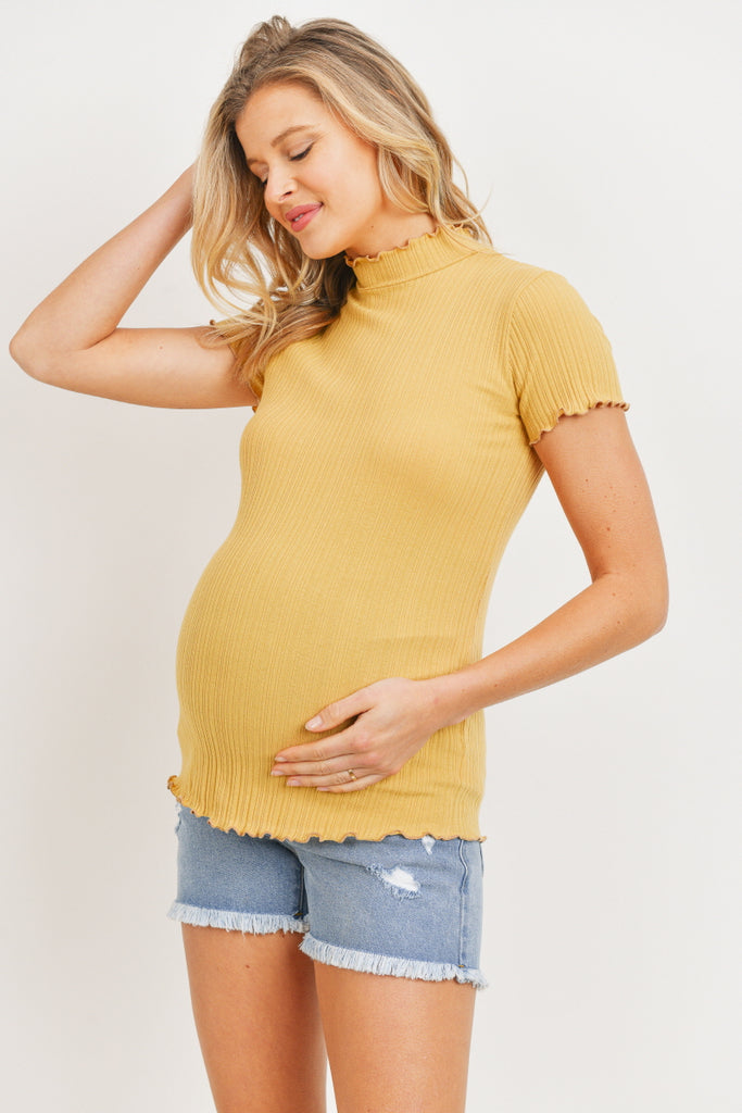 Mustard Curly Merrow Hem Cotton Ribbed Maternity Top