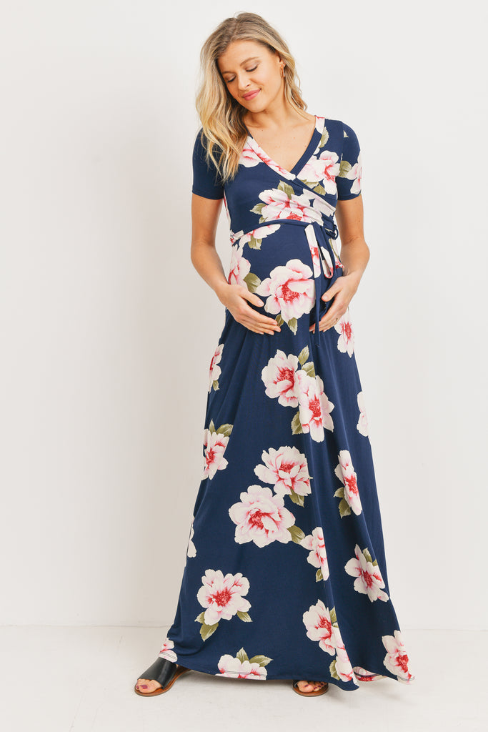 Navy Floral Ity Jersey Maternity/Nursing Maxi Dress