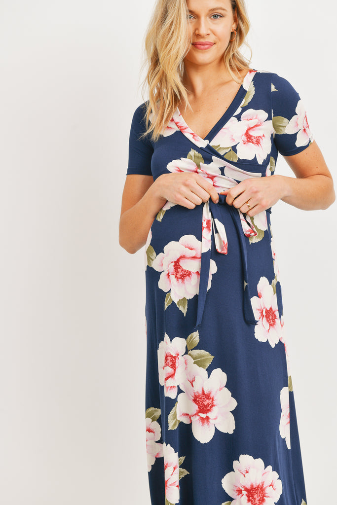Navy Floral Ity Jersey Maternity/Nursing Maxi Dress