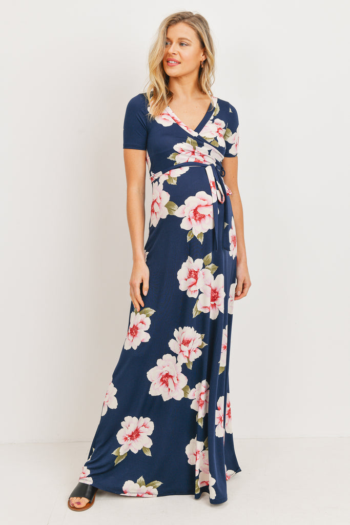 Navy Floral Ity Jersey Maternity/Nursing Maxi Dress