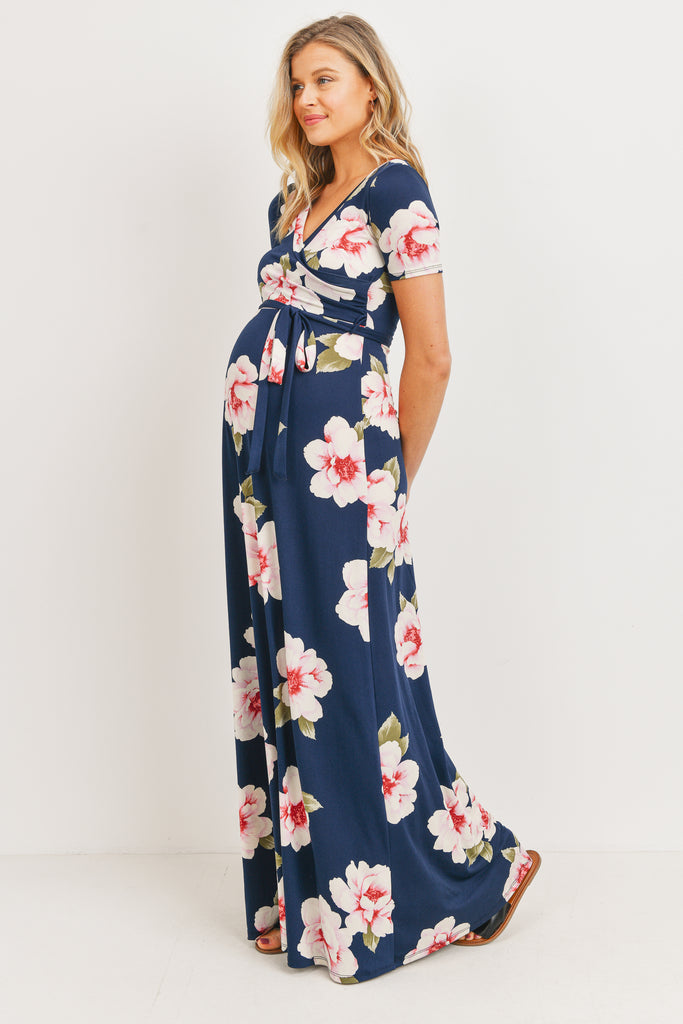 Navy Floral Ity Jersey Maternity/Nursing Maxi Dress