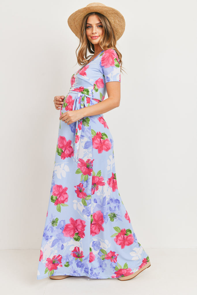 Chambray Floral Ity Jersey Maternity/Nursing Maxi Dress