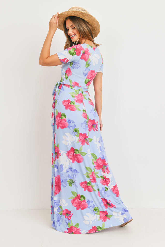 Chambray Floral Ity Jersey Maternity/Nursing Maxi Dress