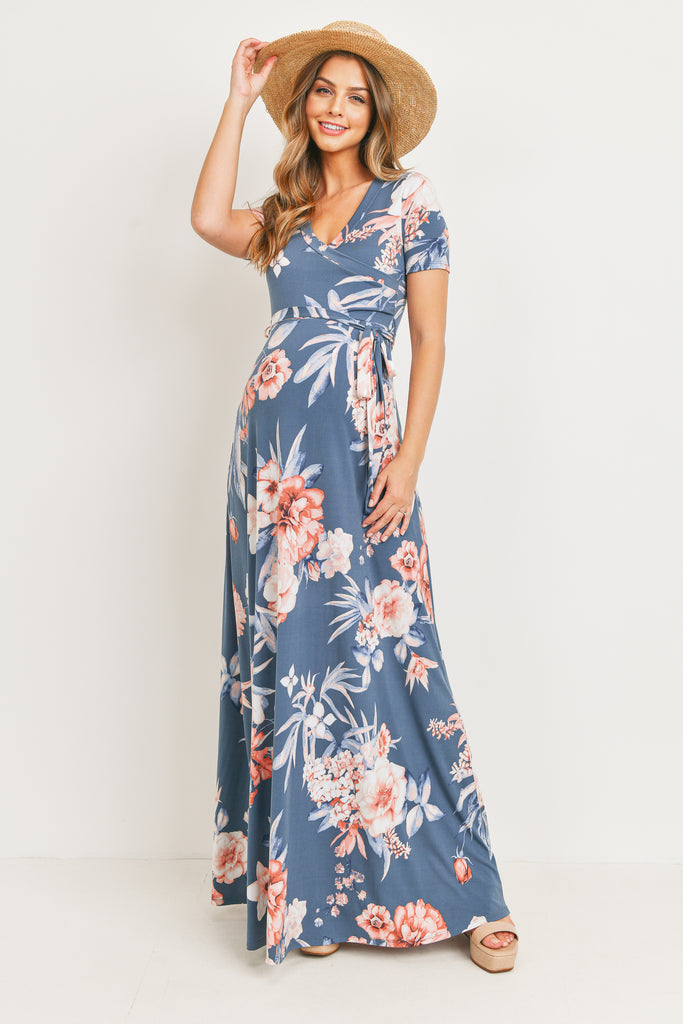 Denim Floral Ity Jersey Maternity/Nursing Maxi Dress