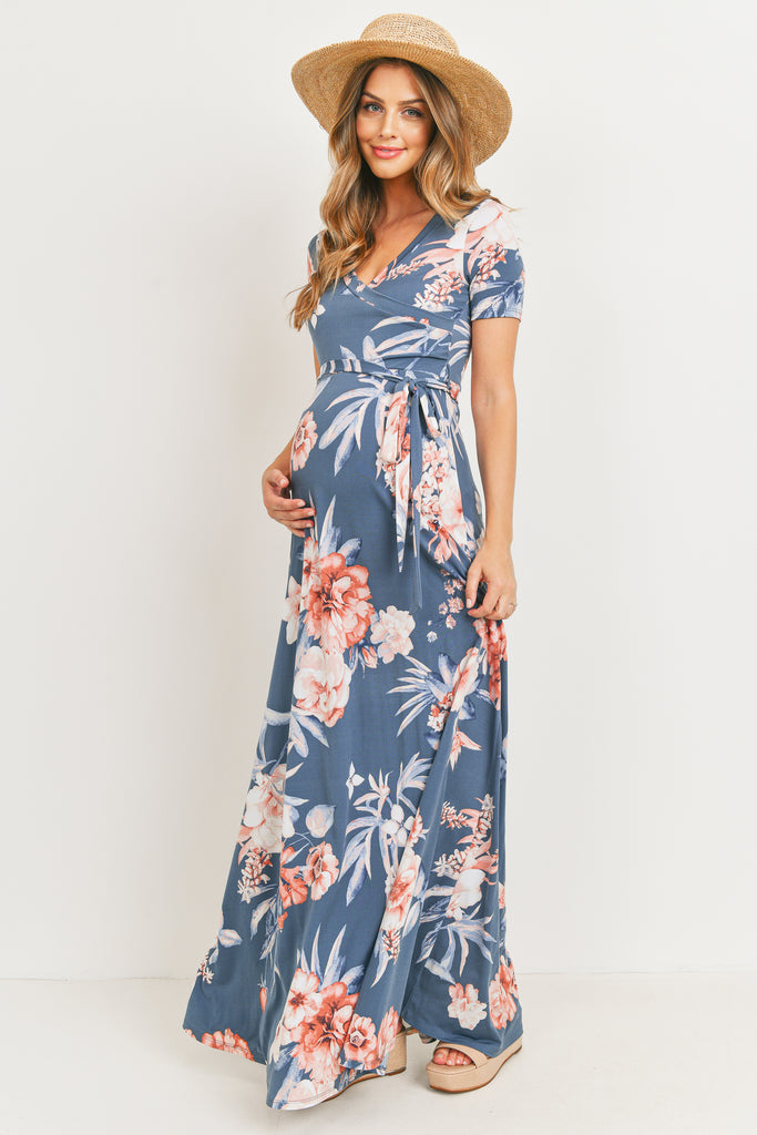 Denim Floral Ity Jersey Maternity/Nursing Maxi Dress