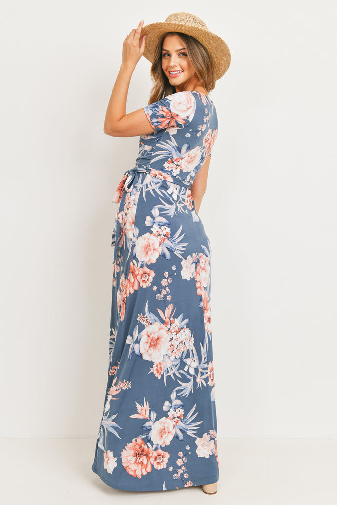 Denim Floral Ity Jersey Maternity/Nursing Maxi Dress