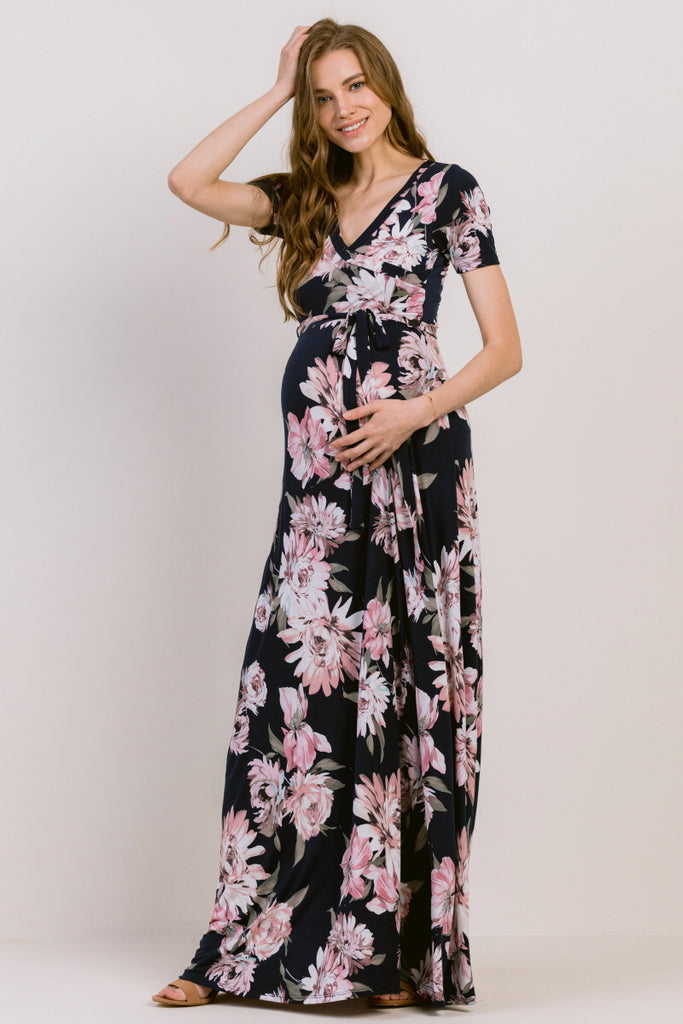 Navy Floral Ity Jersey Maternity/Nursing Maxi Dress