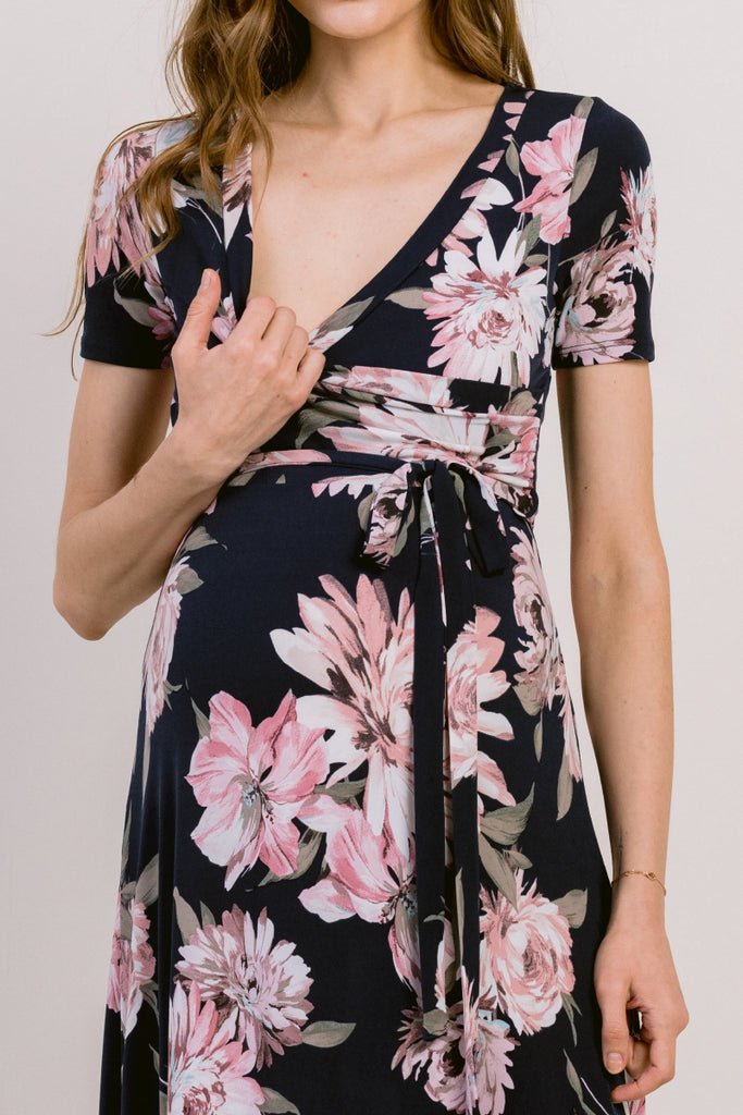 Navy Floral Ity Jersey Maternity/Nursing Maxi Dress