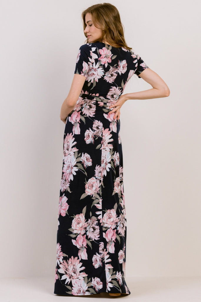 Navy Floral Ity Jersey Maternity/Nursing Maxi Dress