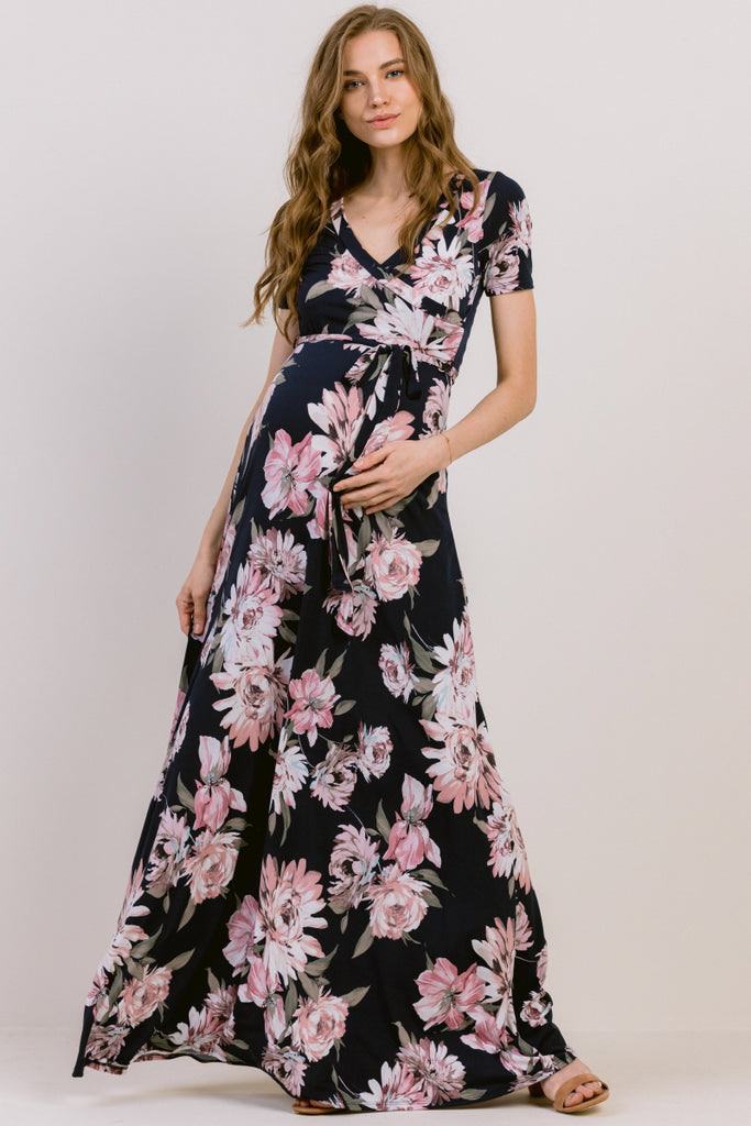 Navy Floral Ity Jersey Maternity/Nursing Maxi Dress