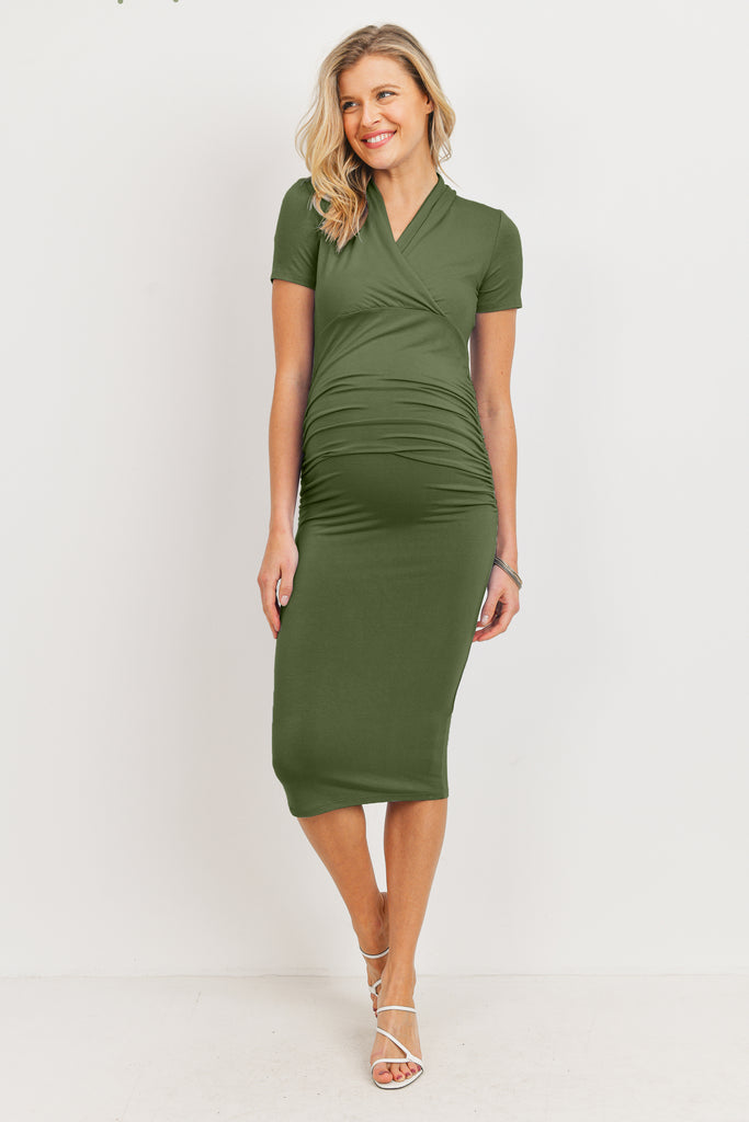 Olive Surplice Fitted Maternity/Nursing Dress Front
