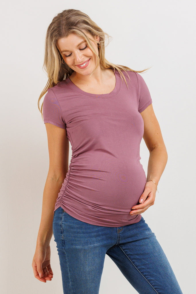 Mauve Round Neck Ruched Side Maternity Top