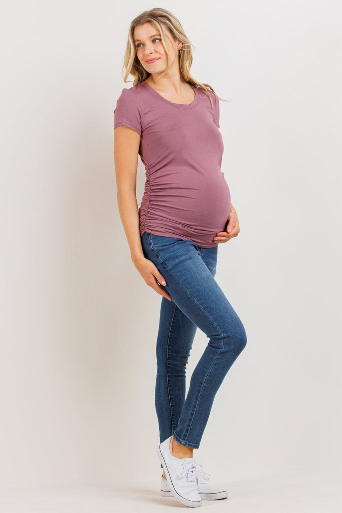 Mauve Round Neck Ruched Side Maternity Top