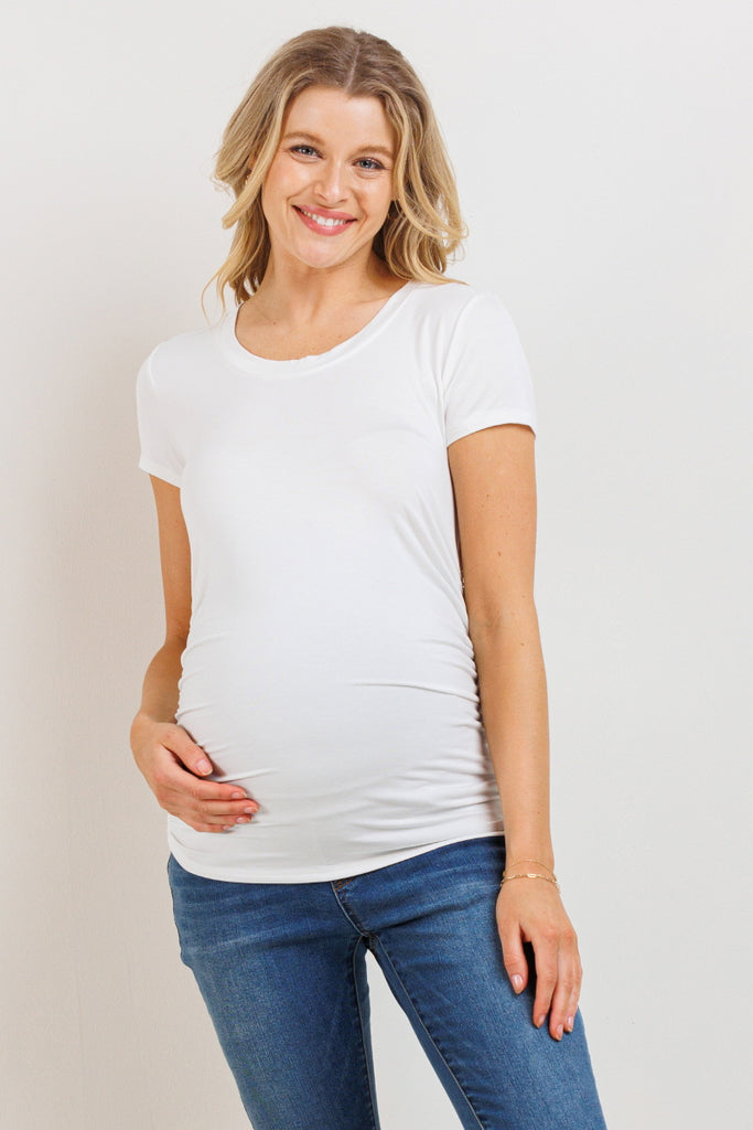 White Round Neck Ruched Side Maternity Top