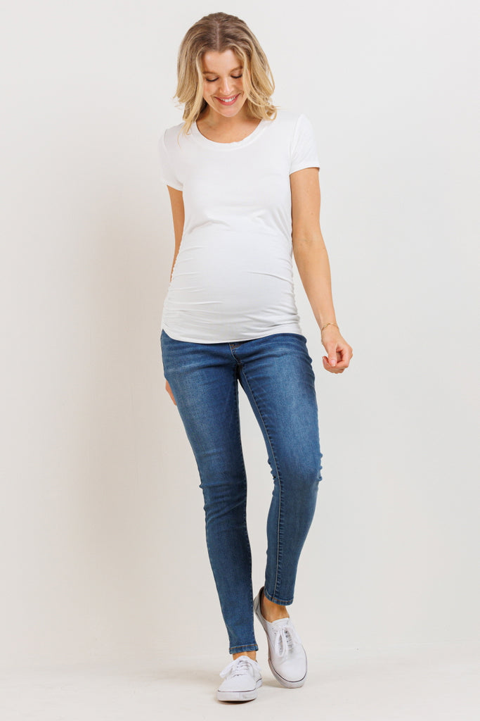 White Round Neck Ruched Side Maternity Top