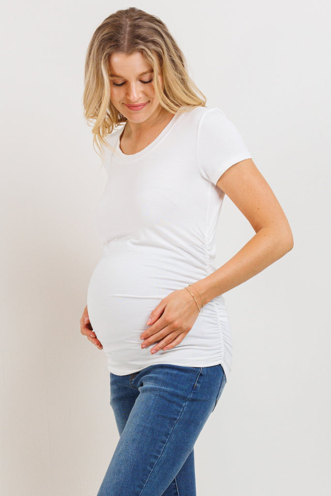 White Round Neck Ruched Side Maternity Top