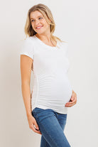 White Round Neck Ruched Side Maternity Top