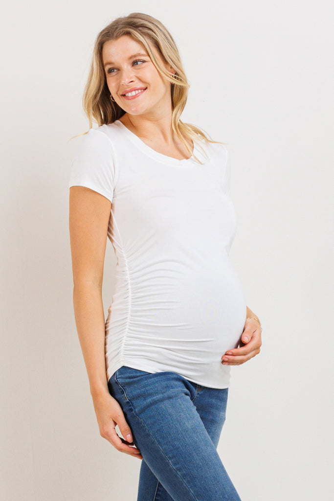 White Round Neck Ruched Side Maternity Top