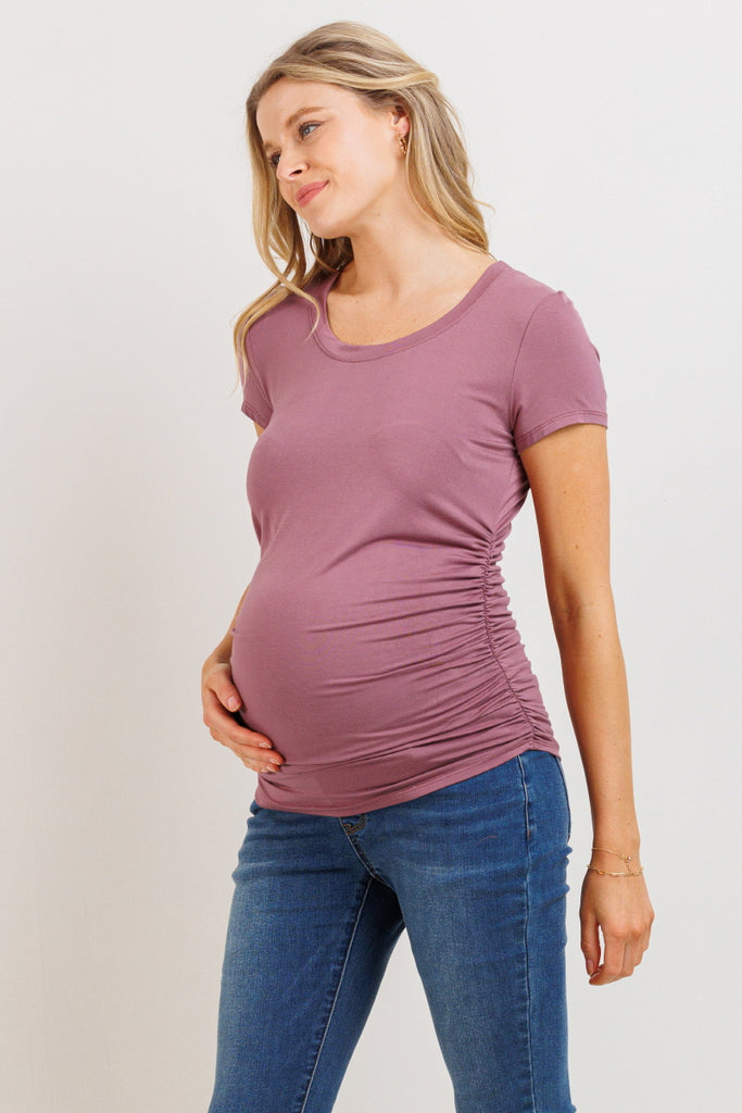 Mauve Round Neck Ruched Side Maternity Top