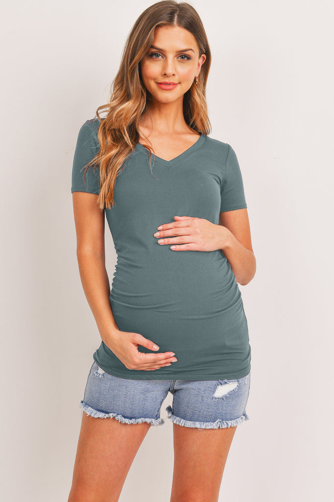 Sea Blue V-Neck Side Ruched Maternity Basic Top