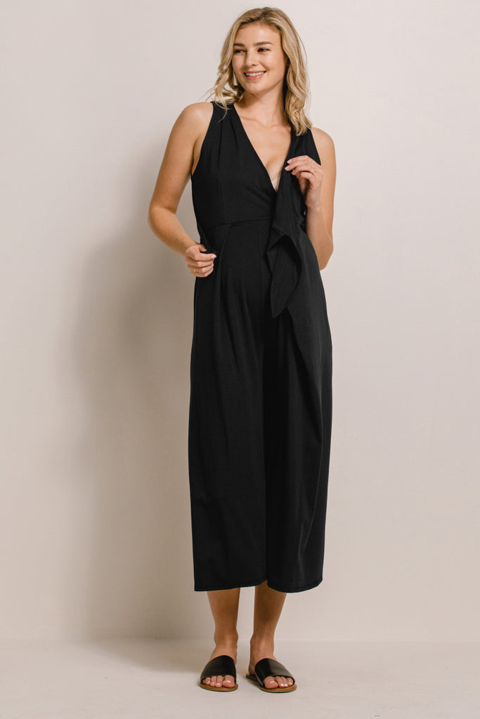 Black Wrap Maternity/Nursing Flared Capri Jumpsuit