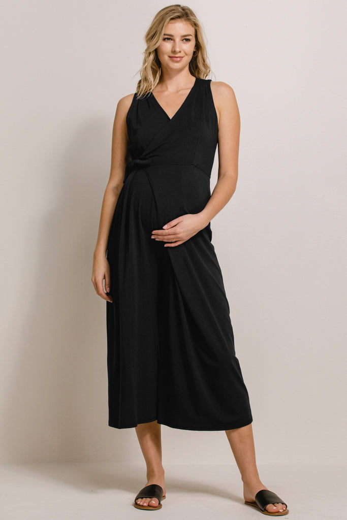 Black Wrap Maternity/Nursing Flared Capri Jumpsuit