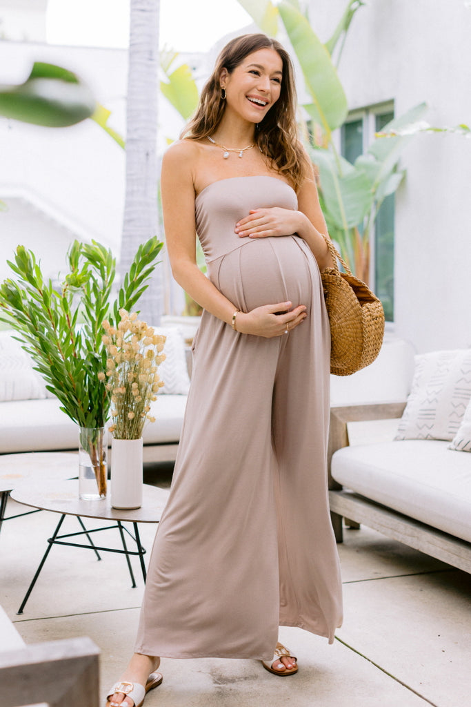 Mocha Solid Rayon Jersey Ruched Maternity Jumpsuit
