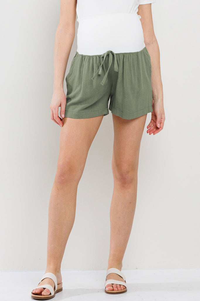 Olive Drawstring Pocket Maternity Shorts Front 