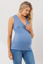 Blue Side Ruching Maternity/Nursing Tank Top