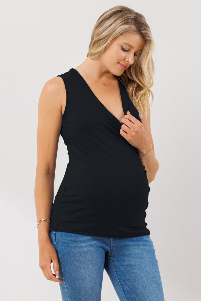 Black Side Ruching Maternity/Nursing Tank Top