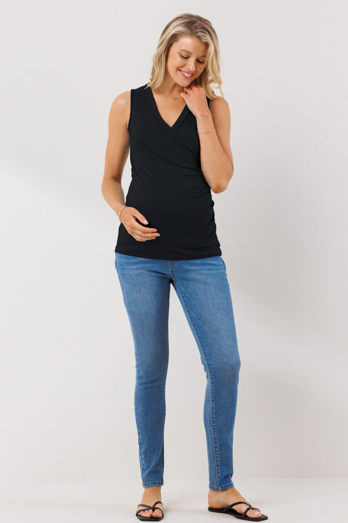 Black Side Ruching Maternity/Nursing Tank Top