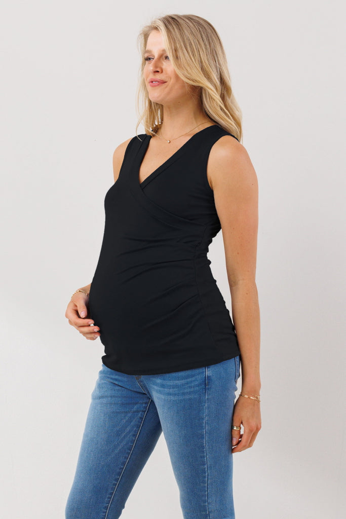 Black Side Ruching Maternity/Nursing Tank Top