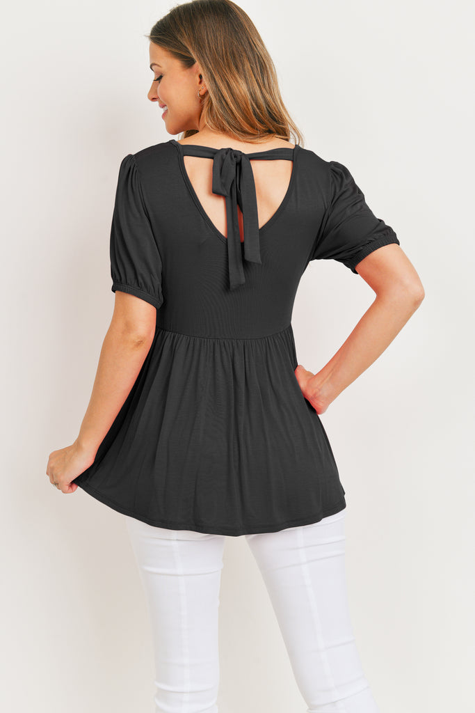 Black Bubble Sleeve Top with Open Back Keyhole Tie