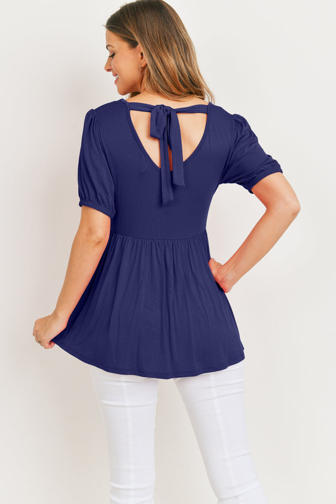 Navy Bubble Sleeve Top with Open Back Keyhole Tie