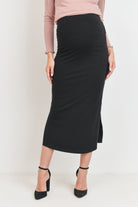 Black Rayon Modal Side Slit Maternity Midi Skirt
