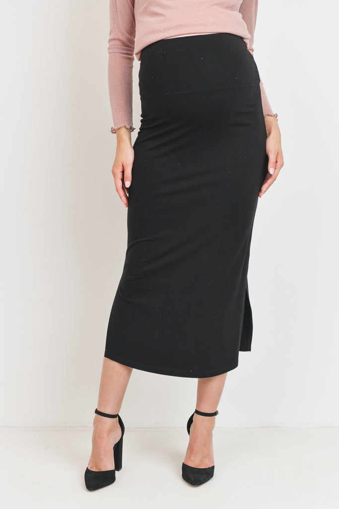 Black Rayon Modal Side Slit Maternity Midi Skirt