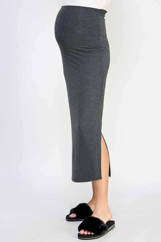 Two Tone Charcoal Rayon Modal Side Slit Maternity Midi Skirt