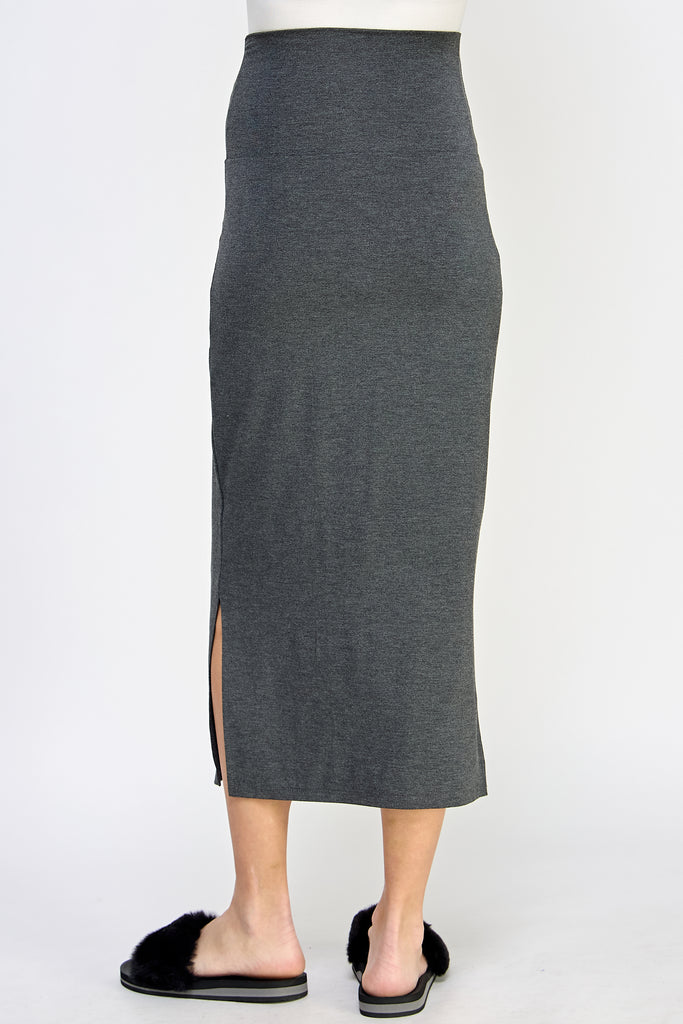 Two Tone Charcoal Rayon Modal Side Slit Maternity Midi Skirt