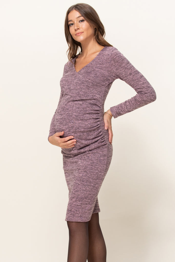 Mauve Two-Tone Sweater Knit Fitted Maternity/Nursing Dress