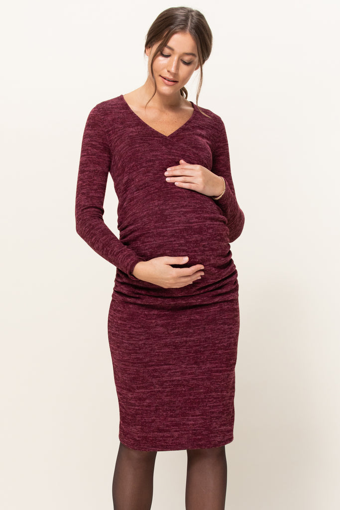 Burgundy Two-Tone Sweater Knit Fitted Maternity/Nursing Dress