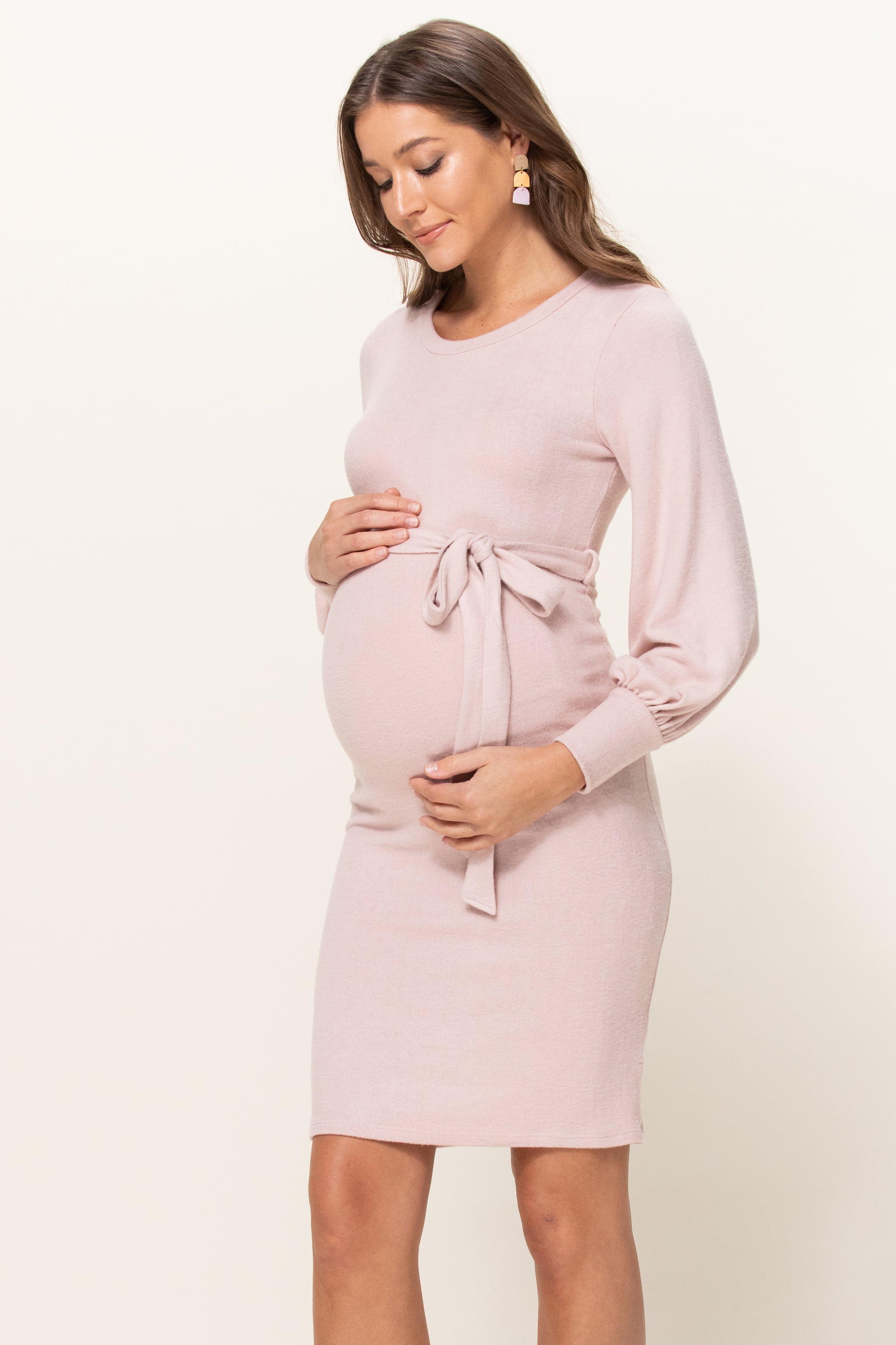 pink maternity sweater dress Cashmere-Like Sweater Knit Waist Belt Maternity Dress – HELLO MIZ