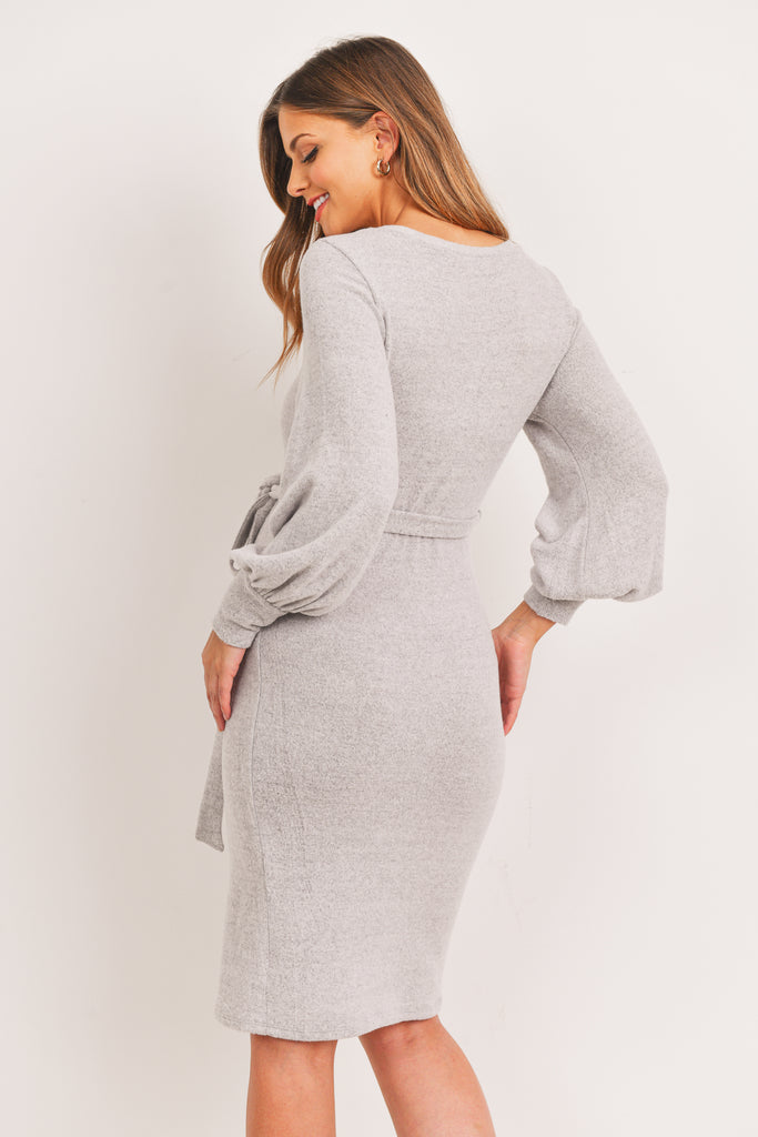 Heather Grey Cashmere-Like Sweater Knit Waist Belt Maternity Dress